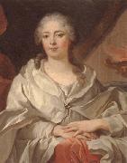 Portrait of a lady,half-langth seated,wearing an ivory dress and mantle with a pearl brooch,by a draped curtain and a flaming urn unknow artist
